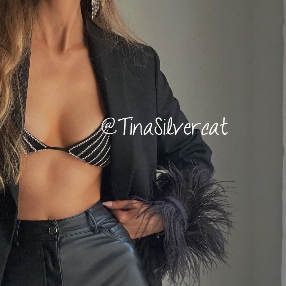 Zara Black Feather Trim Blazer Sz XS NWT - Picture 14 of 17